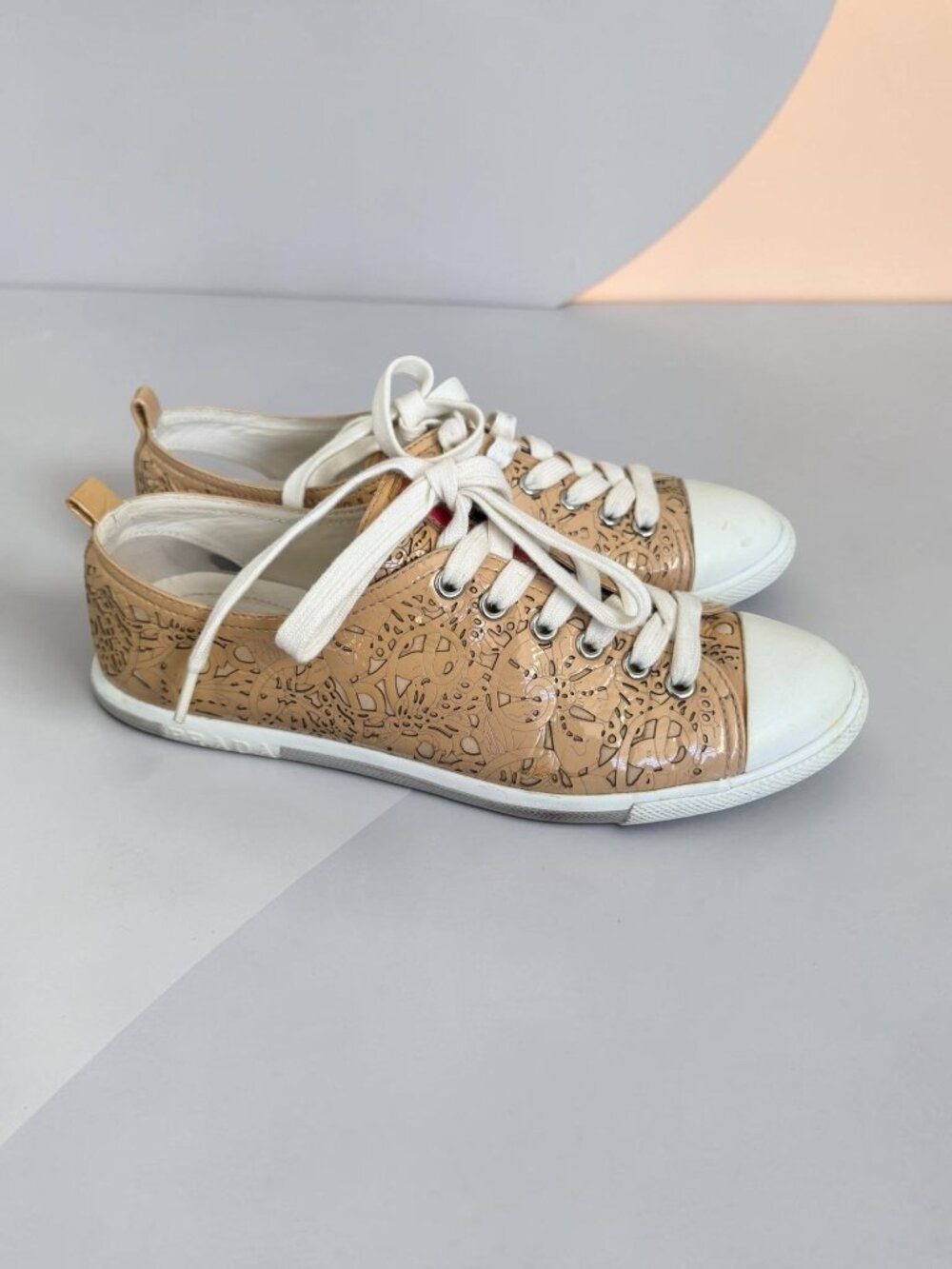PRADA Tan Patent Leather Laser Cut Sneakers Size 37 / US 7